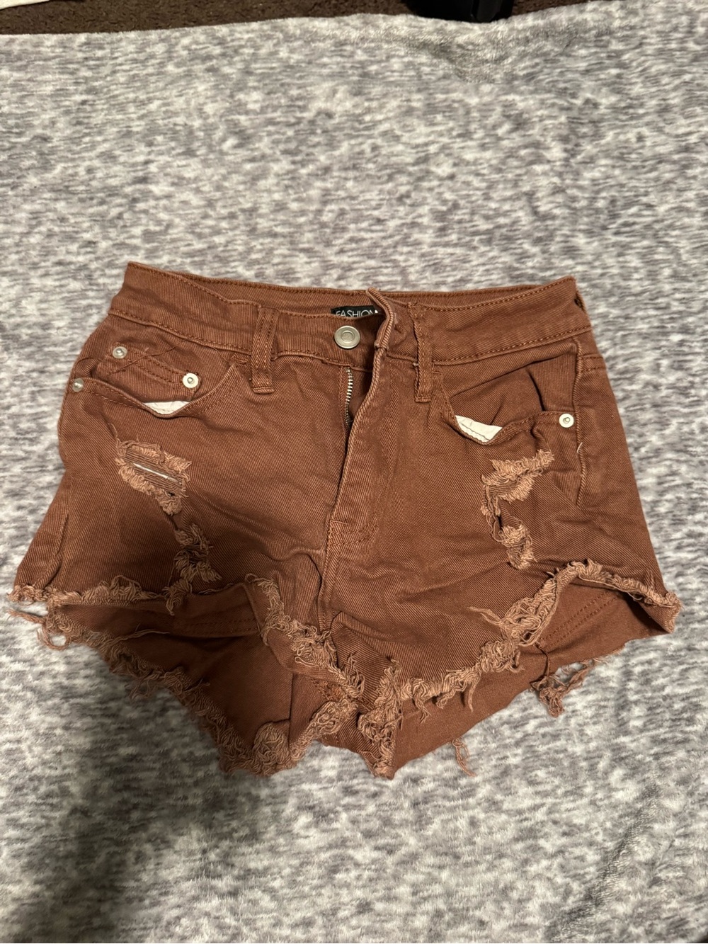 Brown Distressed High-Waist Denim Shorts